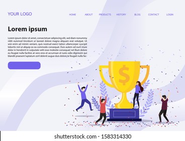 Vector illustration concept of group of business people character holding trophy and get reward standing on podium and celebrate, can use for landing page, web, presentation, flyer, banner. 