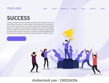 Vector illustration concept of group of business people character holding trophy and get reward standing on podium and celebrate, can use for landing page, web, presentation, flyer, banner. 