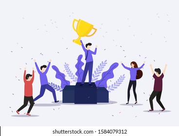 Vector illustration concept of group of business people character holding trophy and get reward standing on podium and celebrate. Character, vector, illustration
