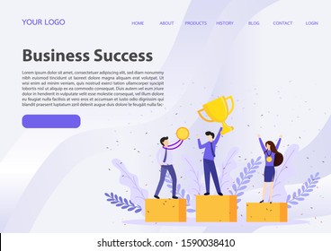 Vector illustration concept of group of business people character holding trophy and get reward standing on podium and celebrate. Character, vector, illustration
