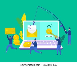 vector illustration concept group of hacker stealing data and doing phising via email, vector template background isolated, can be use for presentation, web design, banner ui ux, landing page, flyer