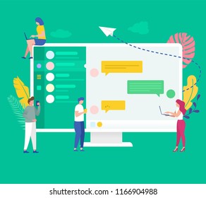 vector illustration concept group of people young guy and women doin conversation on social medai online chatting application ,  can be use for presentation, web, banner, landing page, template,