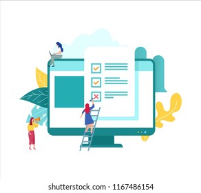 vector illustration concept group of people fill in the answer online form survey, showing quiz exam on monitor with paper sheet, can be use for landing page, web ui, banner, poster, template, flyer