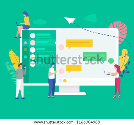 vector illustration concept group of people young guy and women doin conversation on social medai online chatting application ,  can be use for presentation, web, banner, landing page, template,