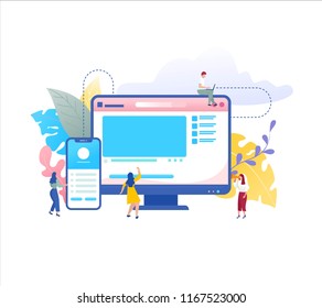 vector illustration concept group of young people use mobile smartphone laptop, computer, on social media and online shopping, can be use for landing page, web, ui, banner flyer, template