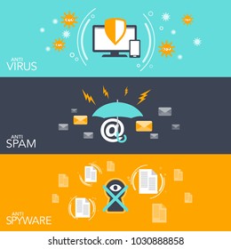 vector illustration concept Hacker three flat banner set with hacking anti virus email spam and spyware protection in cool colors