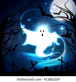 Vector illustration of the concept of Halloween, the ghost in the graveyard.