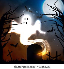Vector illustration of the concept of Halloween, the ghost in the graveyard.