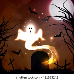 Vector illustration of the concept of Halloween, the ghost in the graveyard.