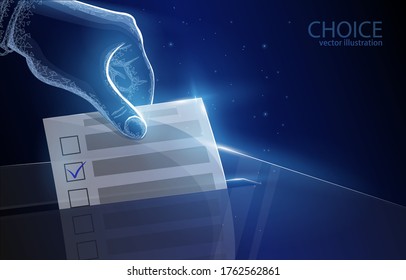 Vector illustration concept of a hand dropping a ballot paper into the ballot box, on a dark blue background, a symbol of choice, civic duty, hope, consciousness and citizenship.