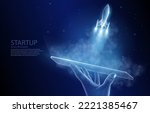 Vector illustration concept, a hand holding a tablet from which a rocket takes off, symbolizing startup, teamwork, idea, growth, rise, development.