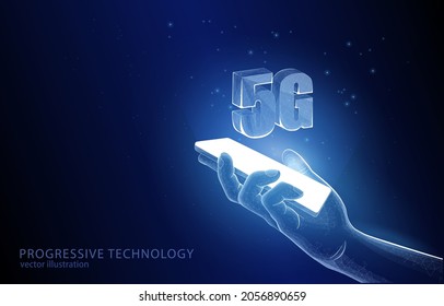 Vector illustration concept of a hand holding a smartphone over which in the form of a 3d hologram 5G, digitalization technology, internet.