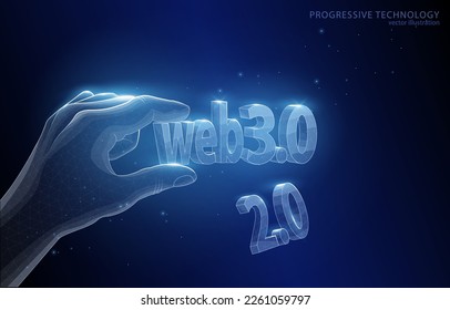 Vector illustration concept hand holding the word web 3.0 replacing 2.0, the idea of ​​a new iteration of the world wide web, blockchain, internet, data, future.