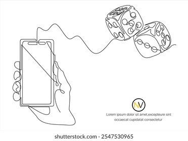Vector illustration concept  hand holding a smartphone over which gaming dice, symbolizes online games, excitement, casino, leisure, luck, money.