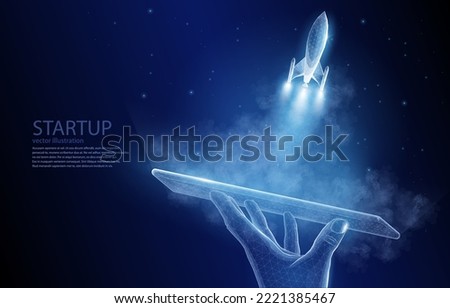 Vector illustration concept, a hand holding a tablet from which a rocket takes off, symbolizing startup, teamwork, idea, growth, rise, development.