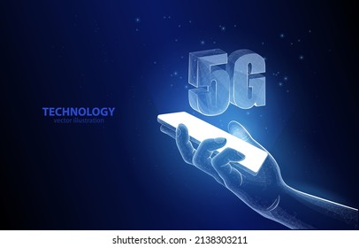 
Concepto de ilustración vectorial, una mano sostiene un smartphone, sobre la pantalla en forma de holograma 3D la tecnología de digitalización de Internet 5G de la inscripción.
