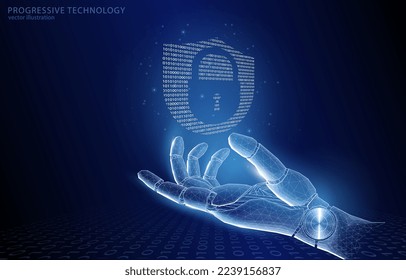 Vector illustration concept of the hand of a humanoid robot over which is a shield with a lock from a binary code, security, protection, virtual reality, technology development, AI, data, internet.