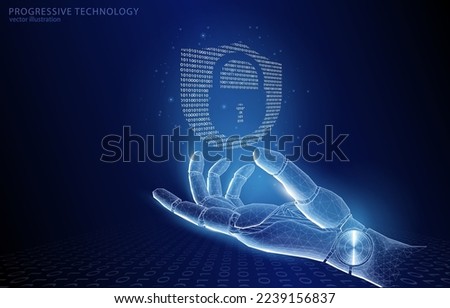 Vector illustration concept of the hand of a humanoid robot over which is a shield with a lock from a binary code, security, protection, virtual reality, technology development, AI, data, internet.