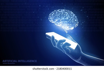 Vector illustration concept, a hand with a smartphone over which in the form of a hologram the brain of artificial intelligence, technology, internet data, learning, knowledge.