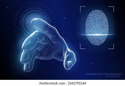 Vector illustration concept hand touches sensor for fingerprint scanning, identification symbol, data protection, technology, authorization, access, artificial intelligence.