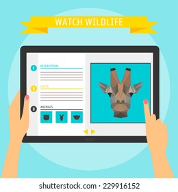 Vector illustration concept of hands holding modern digital tablet and pointing on a screen with website about wildlife. Flat design style, isolated on bright stylish color background with slogan
