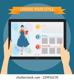 Vector illustration concept of hands holding modern digital tablet and pointing on a screen with fashion website. Flat design style, isolated on bright stylish color background with slogan