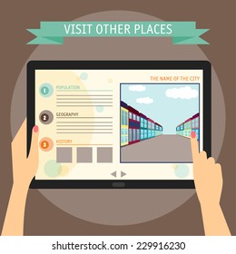 Vector illustration concept of hands holding modern digital tablet and pointing on a screen with city website. Flat design style, isolated on bright stylish color background with slogan