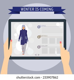 Vector illustration concept of hands holding modern digital tablet and pointing on a screen with fashion website. Flat design style, isolated on soft colored cover