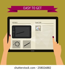 Vector illustration with concept of hands holding modern digital tablet and pointing on a screen with website. Flat design style, isolated on bright stylish color background with slogan