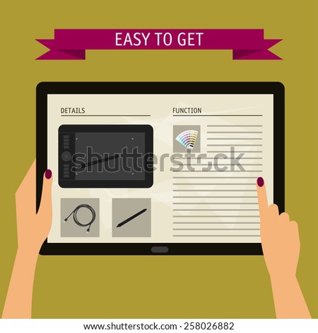 Vector illustration with concept of hands holding modern digital tablet and pointing on a screen with website. Flat design style, isolated on bright stylish color background with slogan