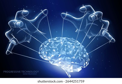 Vector illustration concept, hands with thin threads control mind, puppeteer, manipulator, boss, propaganda, management, or self-control, willpower.