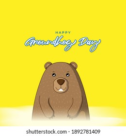 Vector illustration concept of Happy Groundhog Day greeting with cute groundhog coming out from snow covered ground. 2 February.