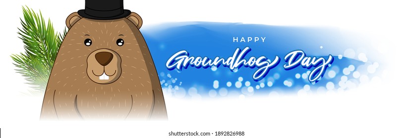 Vector illustration concept of Happy Groundhog Day greeting with cute groundhog coming out from snow covered ground. 2 February.