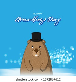 Vector illustration concept of Happy Groundhog Day greeting with cute groundhog coming out from snow covered ground. 2 February.