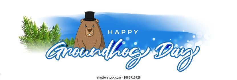 Vector illustration concept of Happy Groundhog Day greeting with cute groundhog coming out from snow covered ground. 2 February.