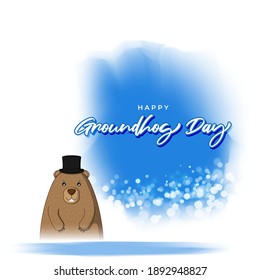 Vector illustration concept of Happy Groundhog Day greeting with cute groundhog coming out from snow covered ground. 2 February.