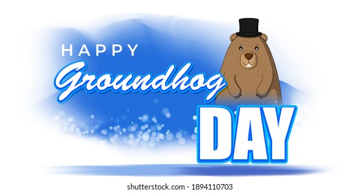 Vector illustration concept of Happy Groundhog Day greeting with cute groundhog coming out from snow covered ground. 2 February.