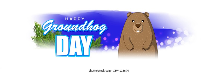 Vector illustration concept of Happy Groundhog Day greeting with cute groundhog coming out from snow covered ground. 2 February.