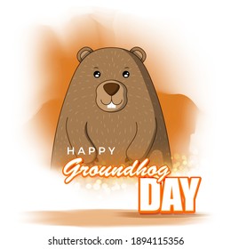 Vector illustration concept of Happy Groundhog Day greeting with cute groundhog coming out from snow covered ground. 2 February.