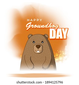 Vector illustration concept of Happy Groundhog Day greeting with cute groundhog coming out from snow covered ground. 2 February.