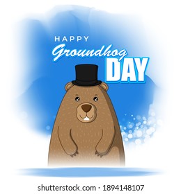 Vector illustration concept of Happy Groundhog Day greeting with cute groundhog coming out from snow covered ground. 2 February.