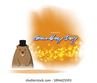 Vector illustration concept of Happy Groundhog Day greeting with cute groundhog coming out from snow covered ground. 2 February.