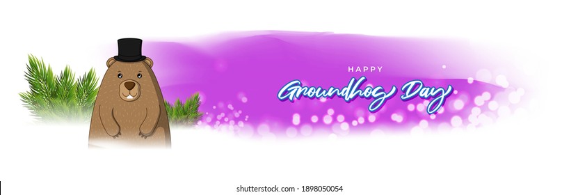 Vector illustration concept of Happy Groundhog Day greeting with cute groundhog coming out from snow covered ground. 2 February.
