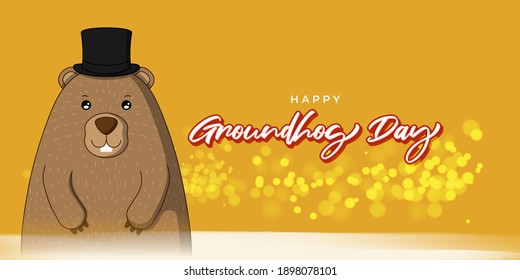 Vector illustration concept of Happy Groundhog Day greeting with cute groundhog coming out from snow covered ground. 2 February.