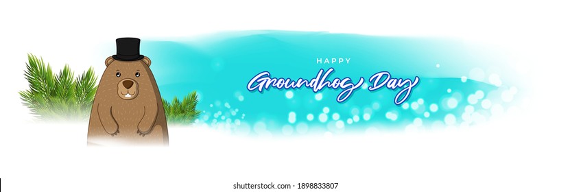 Vector illustration concept of Happy Groundhog Day greeting with cute groundhog coming out from snow covered ground. 2 February.