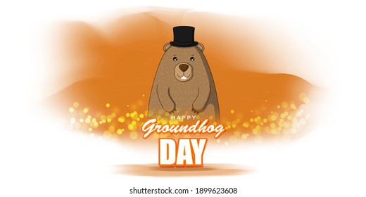 Vector illustration concept of Happy Groundhog Day greeting with cute groundhog coming out from snow covered ground. 2 February.