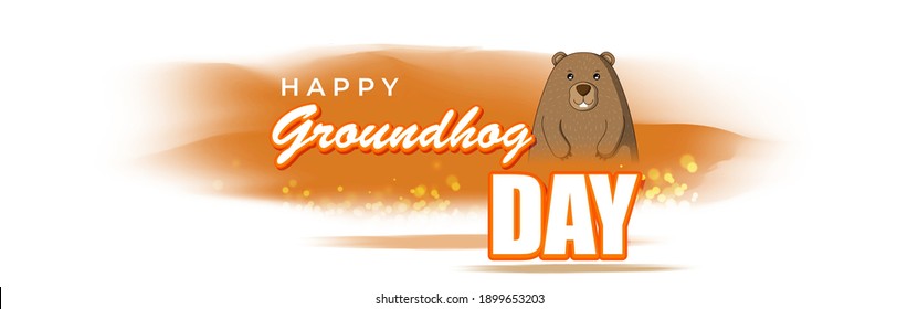 Vector illustration concept of Happy Groundhog Day greeting with cute groundhog coming out from snow covered ground. 2 February.