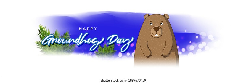 Vector illustration concept of Happy Groundhog Day greeting with cute groundhog coming out from snow covered ground. 2 February.