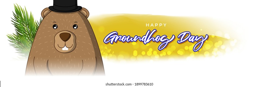 Vector illustration concept of Happy Groundhog Day greeting with cute groundhog coming out from snow covered ground. 2 February.