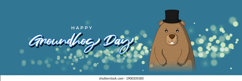 Vector illustration concept of Happy Groundhog Day greeting with cute groundhog coming out from snow covered ground. 2 February.